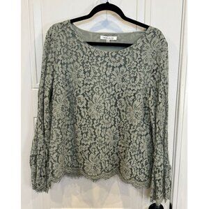 Rose & Olive Sage Green Lace Blouse XL Romantic Lined Floral Bell Sleeves EUC